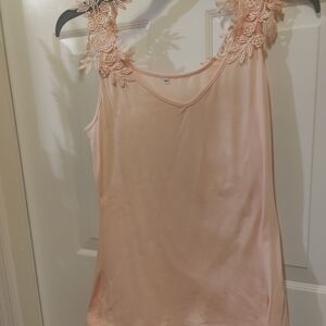 Floral Lace Trim Peach Sleeveless Top